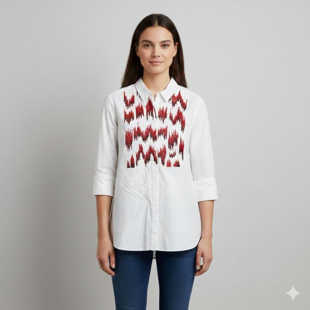 Figue White Beaded Cotton 3/4 Sleeve Button Down Collared Shirt No Sz (Flaws)